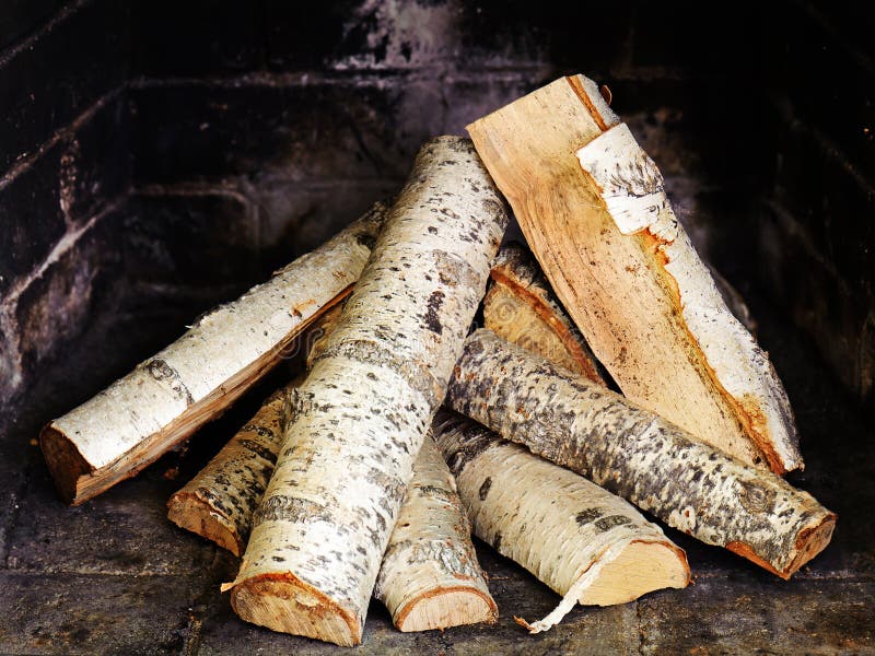 Fireplace with birch wood. stock photo. Image of brick - 79745604