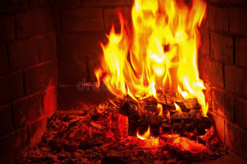 Fireplace Burning. Warm Burning and Glowing Fire in Fireplace Stock