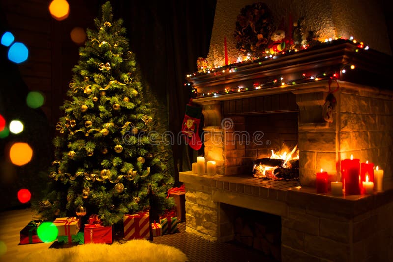 Fireplace And Decorated Christmas Tree And Candles Stock Image - Image ...