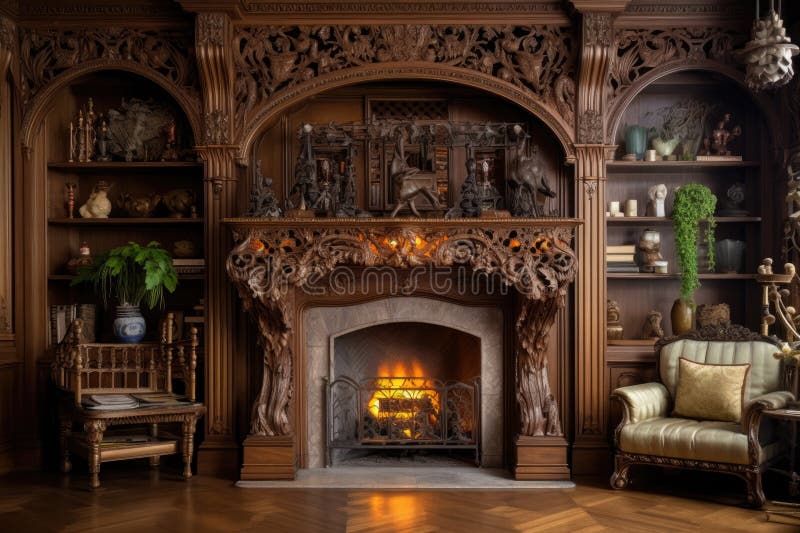 Fireplace with elegant carved wooden details vector illustration