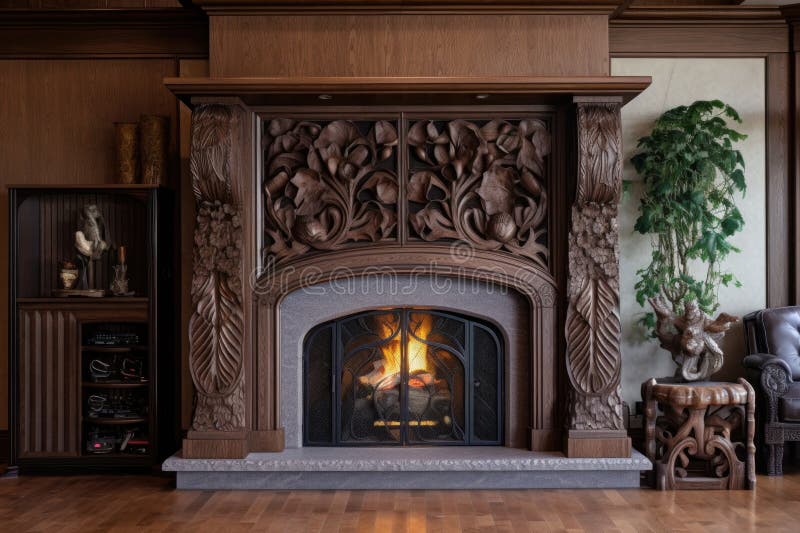 Fireplace with elegant carved wooden details royalty free illustration
