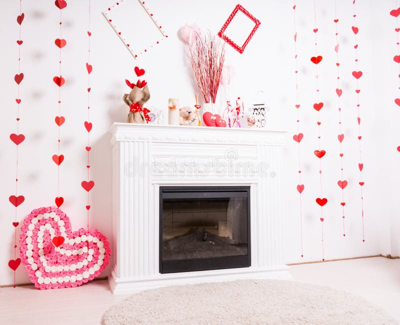 Fireplace Mantle Decorated for Valentines Day Stock Photo Image of