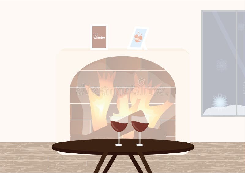 Fireplace and wine glasses stock vector. Illustration of glass 97732573