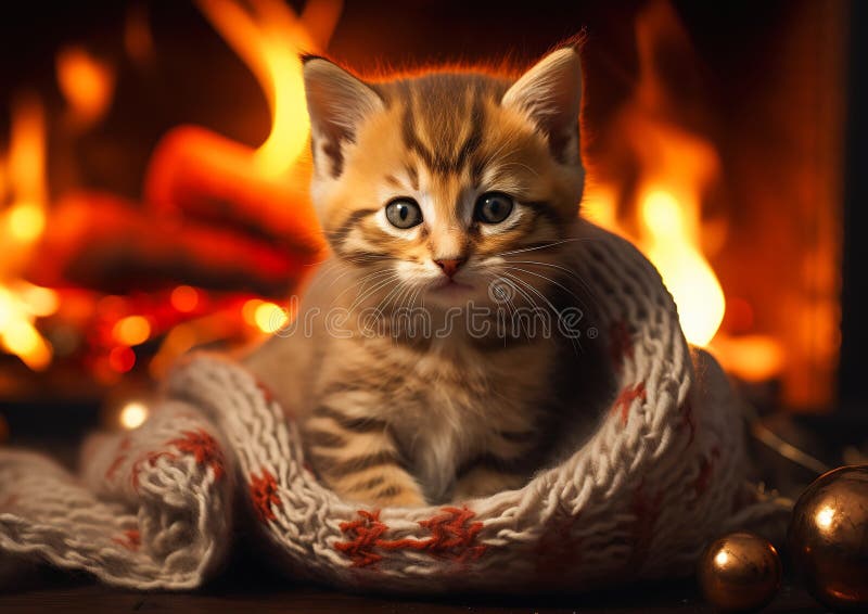 Fireside Feline: A Cozy Scene of a Kitten Wrapped in a Scarf by royalty free stock photography