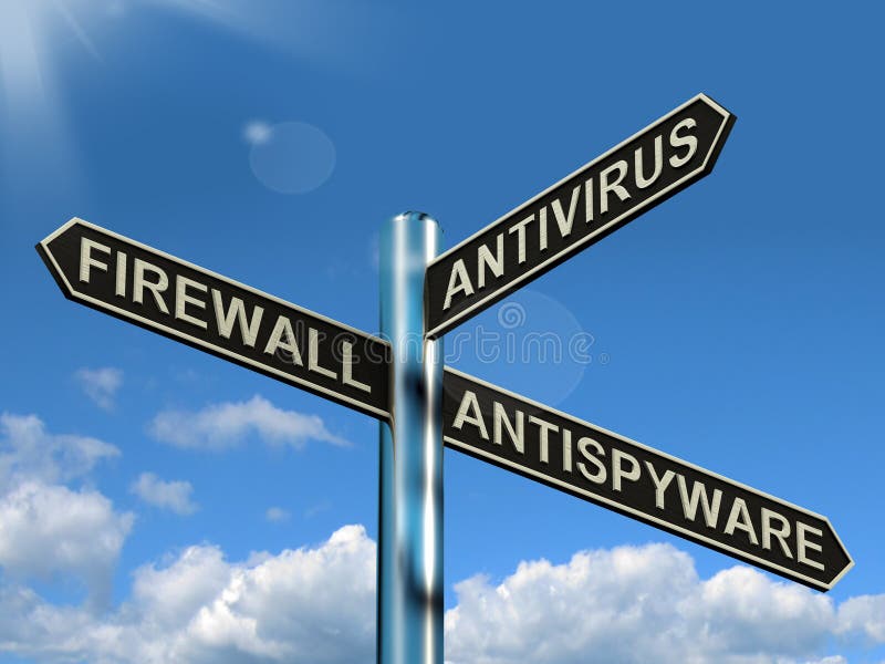 Firewall Antivirus Antispyware Signpost Showing Internet And Com stock illustration Firewall Antivirus Antispyware Signpost Showing Internet And Com stock illustration