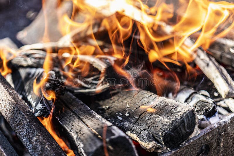 Firewood Burning in the Grill. Rest at Nature. Hot Coals Stock Image