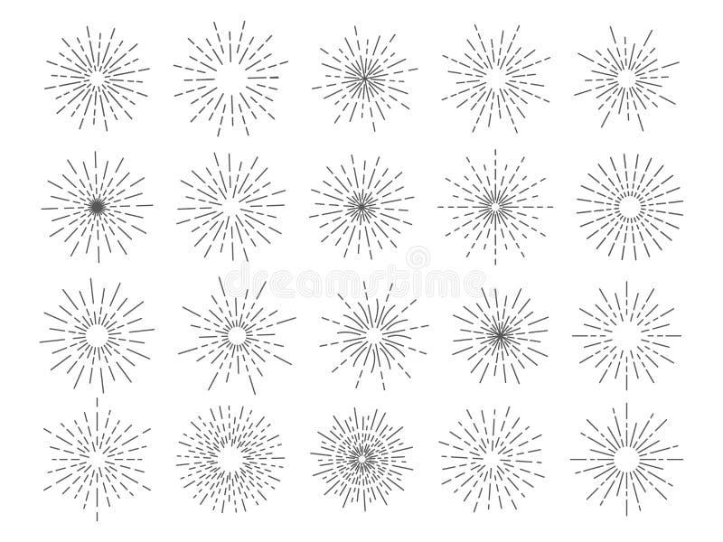 Firework icon. Line fireworks, lights and star frames. Modern circle sunshine sigh, elegant sunburst or starburst, old stock illustration