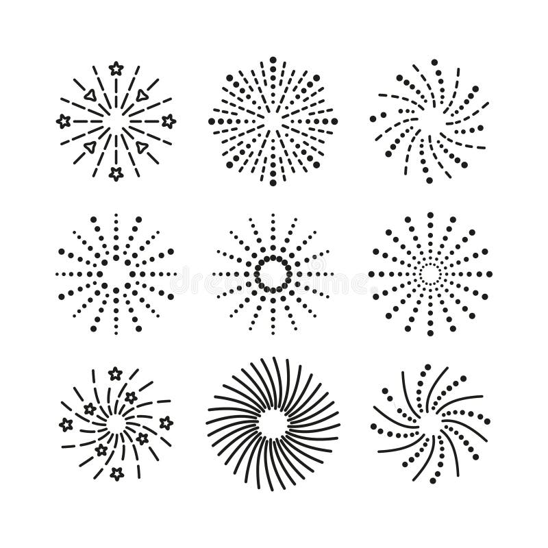 Firework icon. Linear sparkle explosion set. Burst of sparks , stars and salute. Happy new year shiny symbol stock illustration