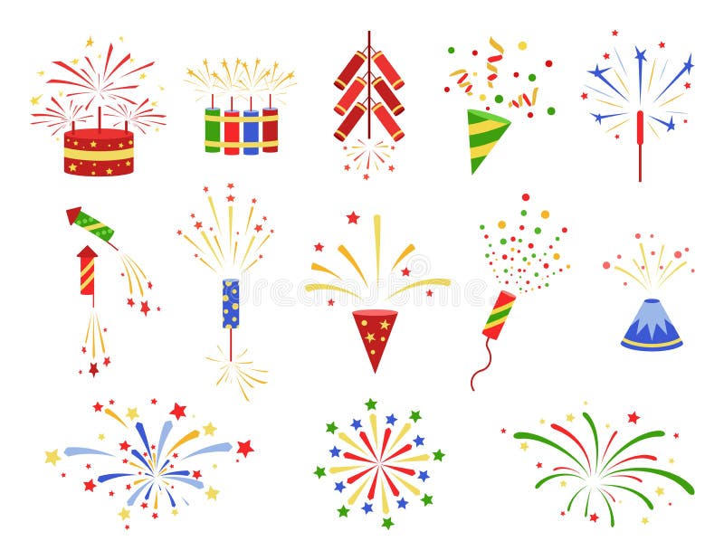 Firework icon set. Firecracker, petard and stars. Colorful collection vector illustration.