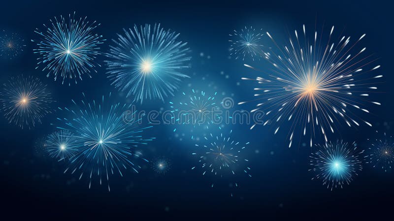 firework new year show on blue night sky background