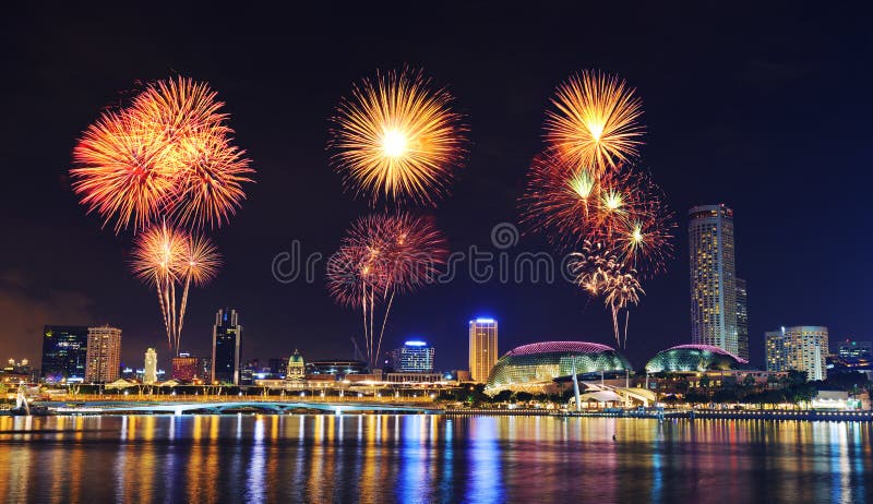 Beautiful firework over cityscape of Singapore city at night