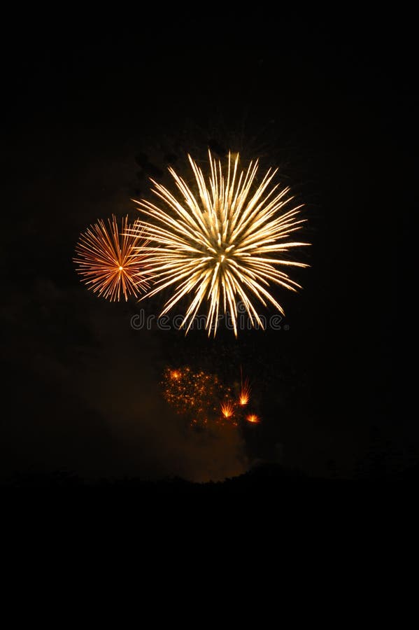 Due di fuochi d'artificio esplode nel cielo notturno, con gli altri esplodendo sotto di loro.