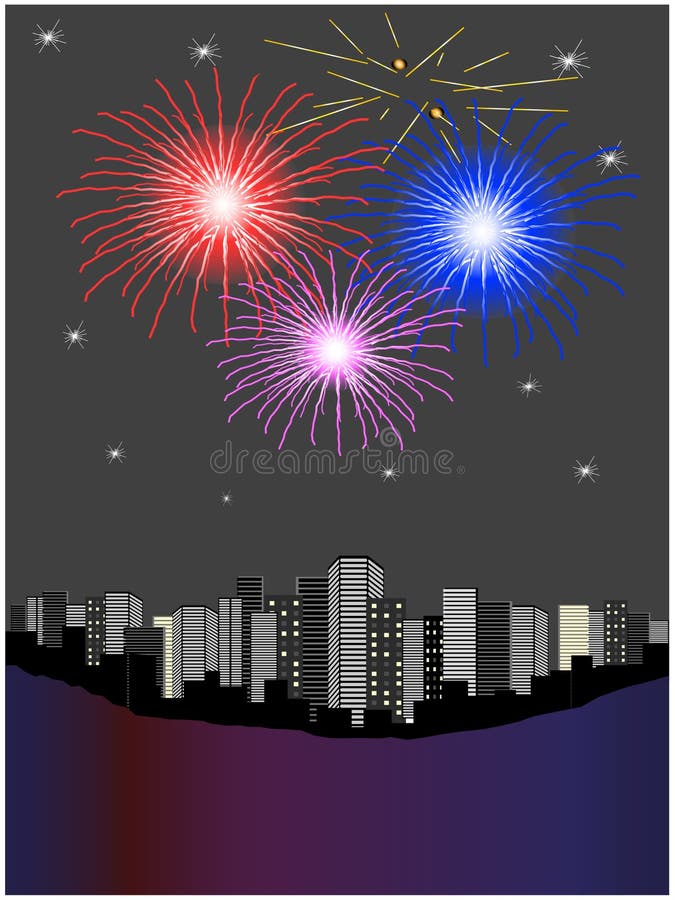 Fireworks above city stock illustration
