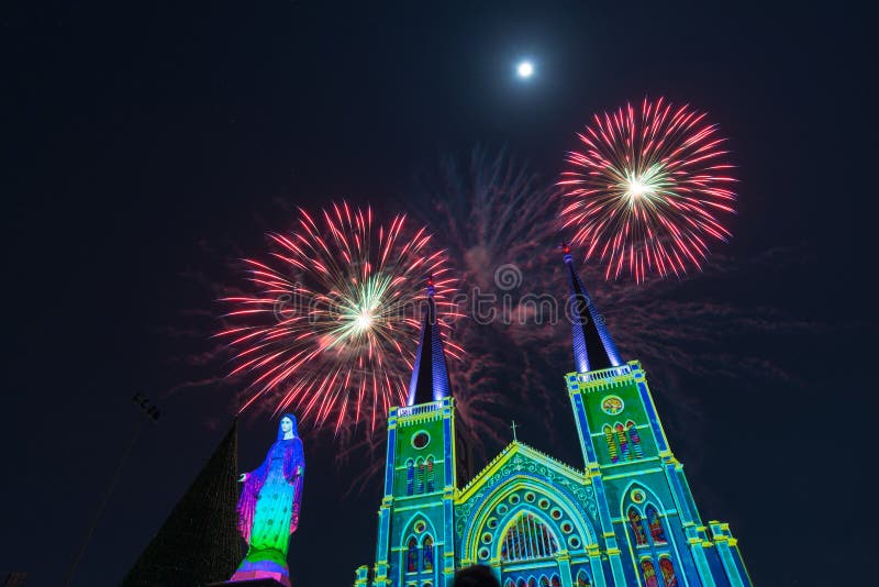 Fireworks Celebration with Merry Christmas Stock Image Image of