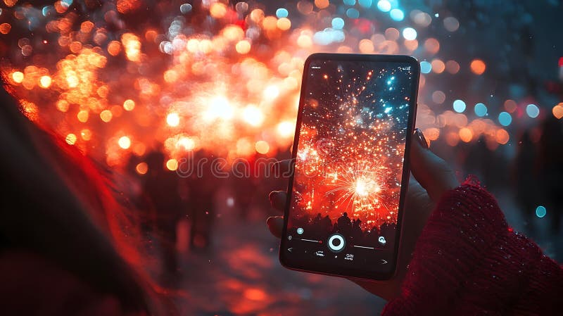 Fireworks Display Captured on Smartphone. Smartphone Photo of Fireworks Display Over Cityscape