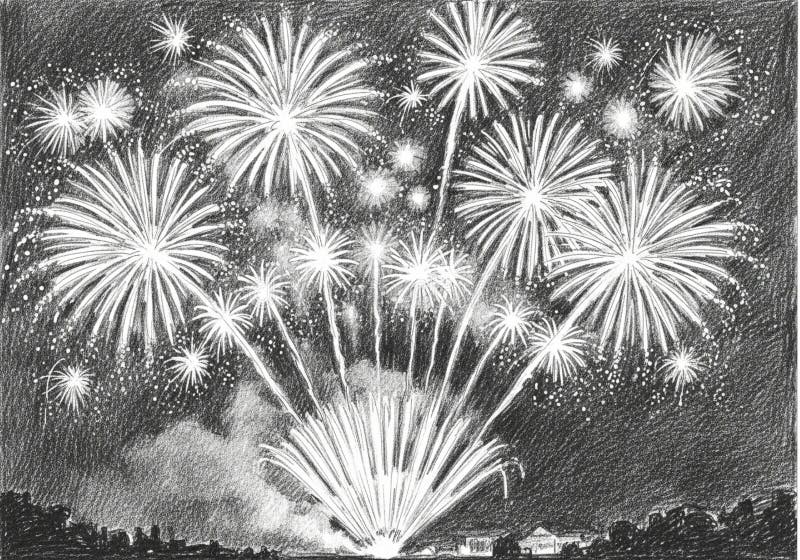 Fireworks display depicted in a detailed pencil drawing. Various fireworks burst in the night sky stock illustration