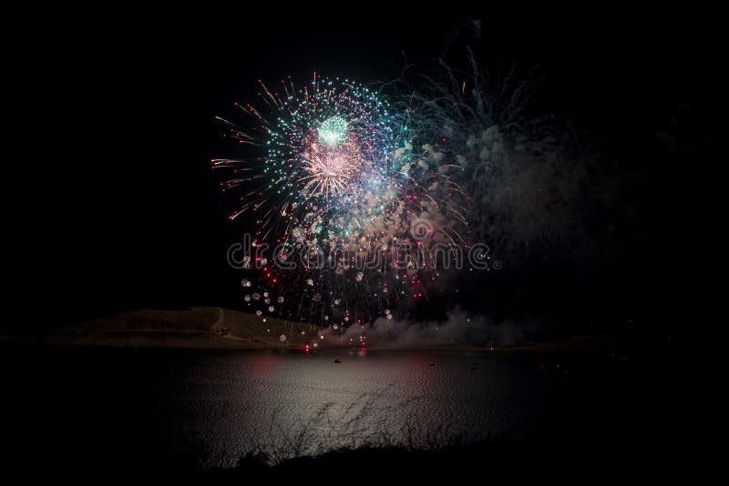 Fireworks Display Over Lake Stock Photo Image of colorful, fireworks