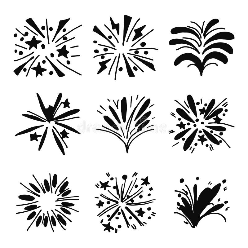 Fireworks festive silhouettes vector icons set. isolated objects stock illustration