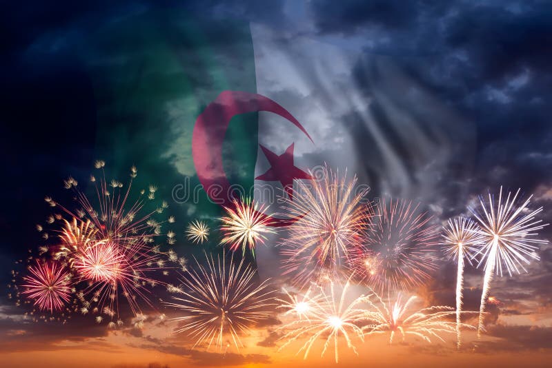 Algeria Fireworks Sparkling Flag. New Year 2019 and Christmas Party