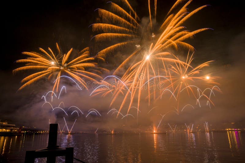 Geneva Switzerland Fireworks on the Lake Stock Image Image of bright