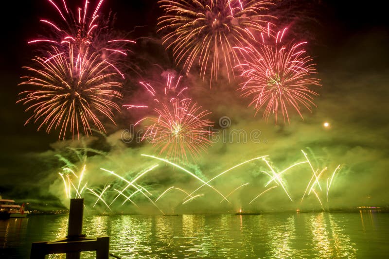 Geneva Switzerland Fireworks On The Lake Stock Photo Image of