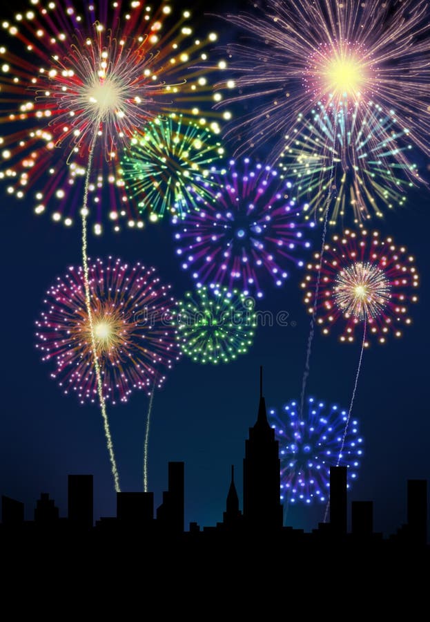 Fireworks Happy New Year city royalty free illustration