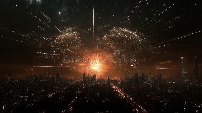 Fireworks illuminate the city skyline in a stunning display at night with golden ratio precision royalty free stock image