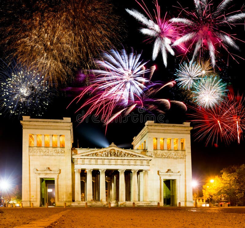 Fireworks at the illuminated Propylaea in Munich