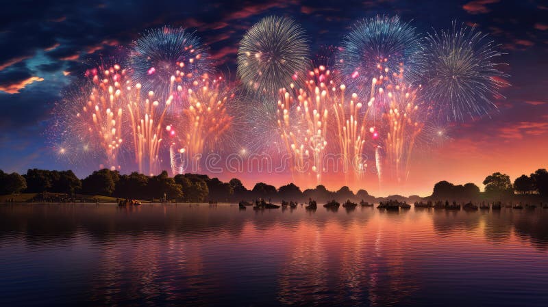 fireworks on the lake Diwali festival celebration. Generative AI