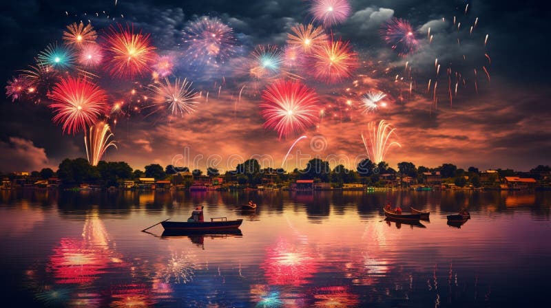 fireworks on the lake diwali festival celebration generated ai