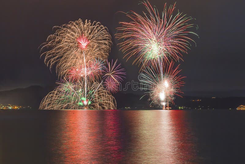 Fireworks on lake toya night stock photo Fireworks on lake toya night stock photo