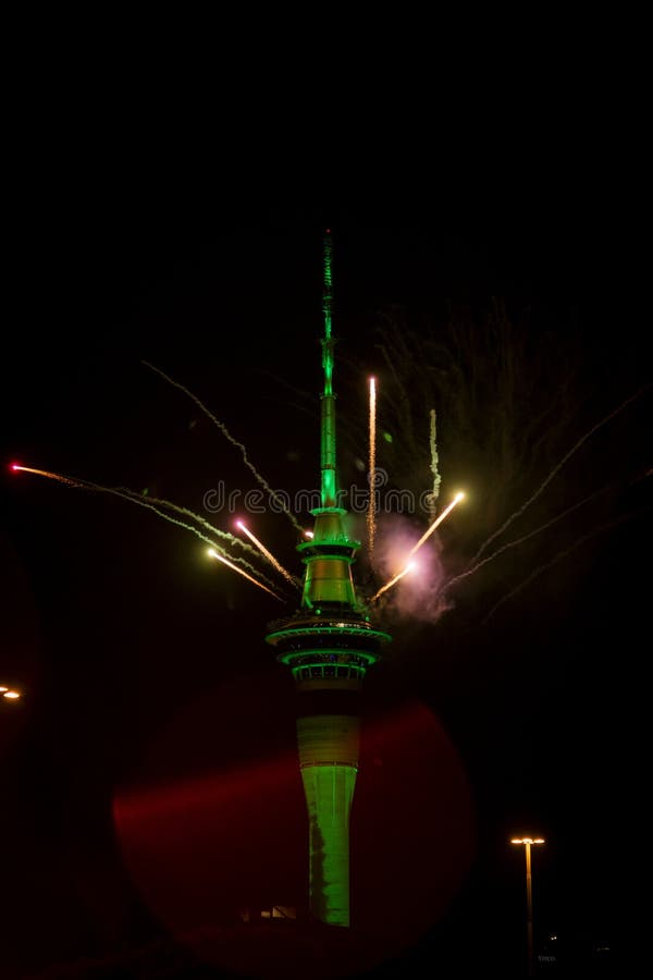 Fireworks and Sky Tower in Auckland for New Year 2025 Stock Image