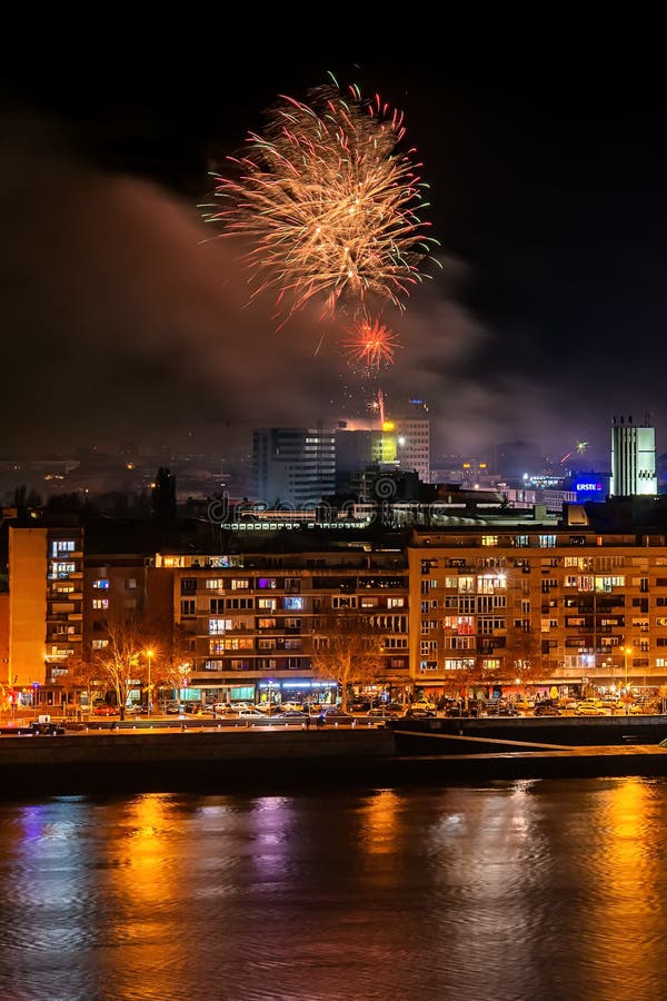 Fireworks In Novi Sad, Serbia. New Year`s Fireworks. Editorial Stock