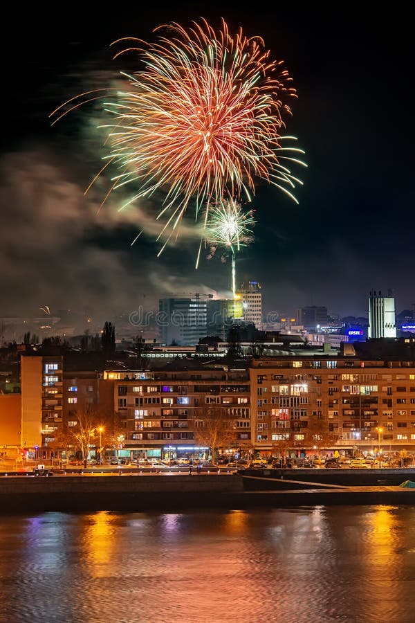 Fireworks in Novi Sad, Serbia. New Year`s Fireworks Editorial Stock