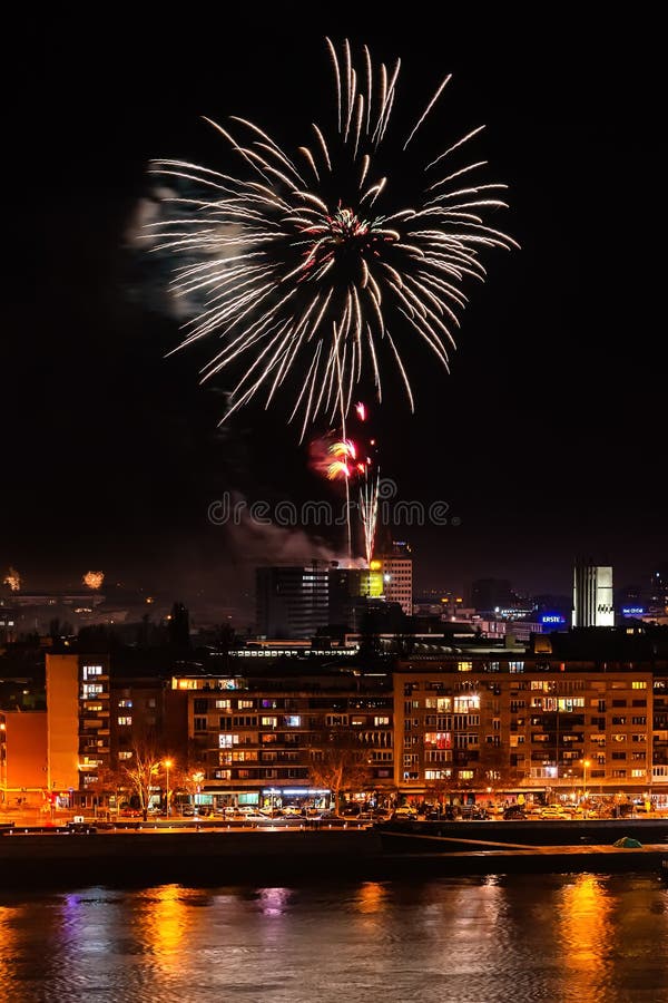 Fireworks in Novi Sad, Serbia. New Year`s Fireworks Editorial Stock