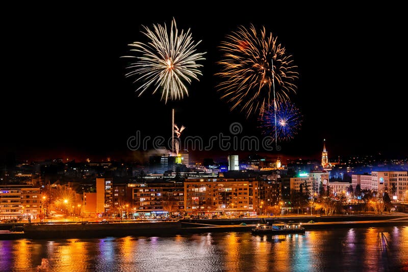 Fireworks in Novi Sad, Serbia. New Year`s Fireworks Editorial Image