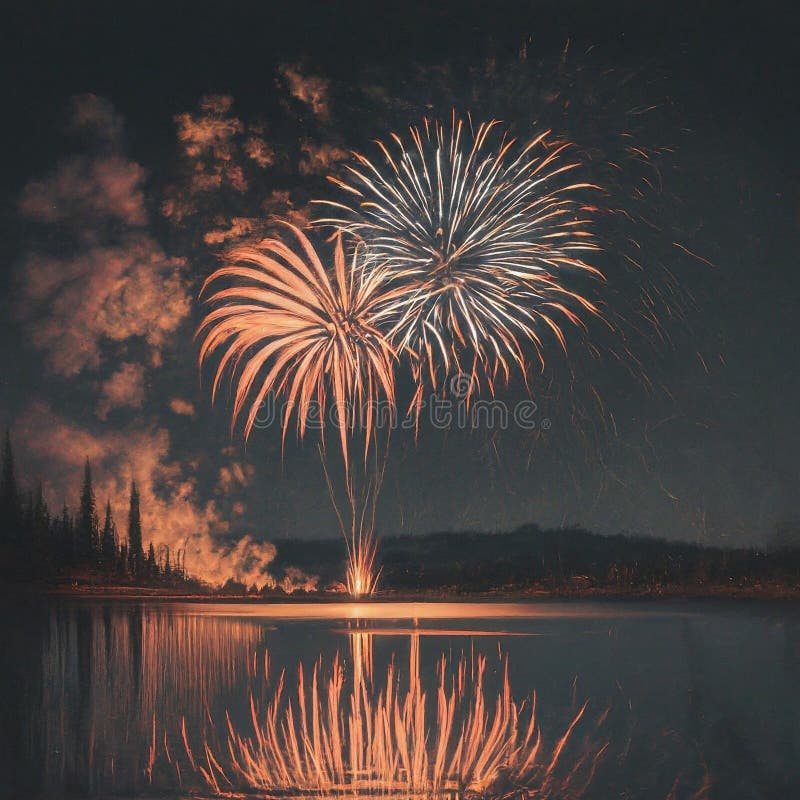 A dazzling display of fireworks explodes over the still waters of a lake at night, reflecting on the calm surface and creating a magical scene. A dazzling display of fireworks explodes over the still waters of a lake at night, reflecting on the calm surface and creating a magical scene.