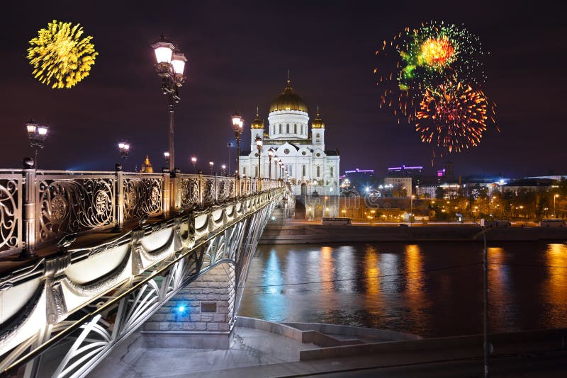 Fireworks over cathedral of Christ the Savior in Moscow (Russia)