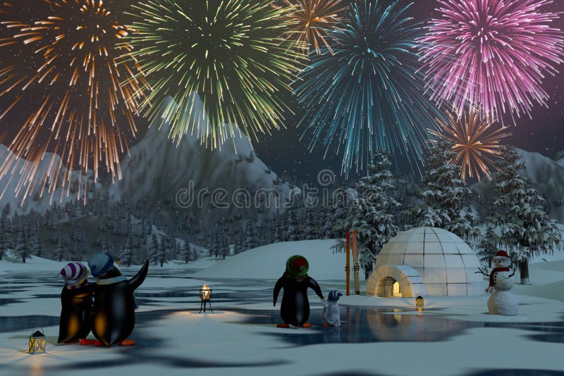 Fireworks over a frozen lake in a snowy mountain landscape with penguins. A 3d render. Fireworks over a frozen lake in a snowy mountain landscape with penguins. A 3d render.