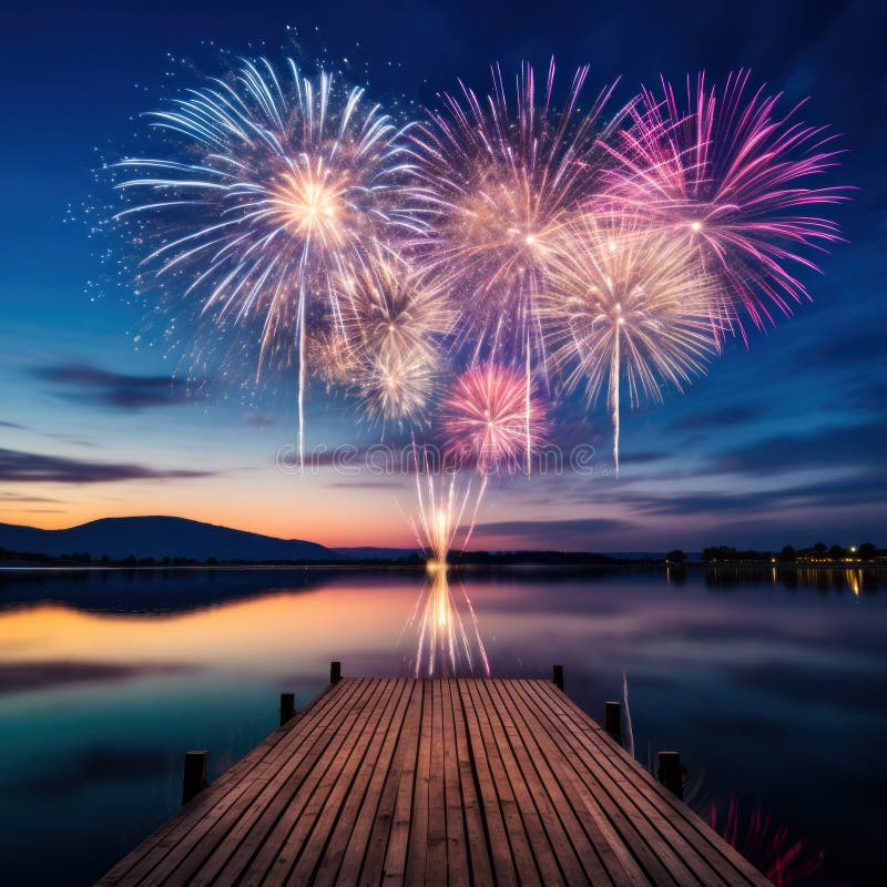 fireworks over a lake. Created with the aid of Generative AI tools.