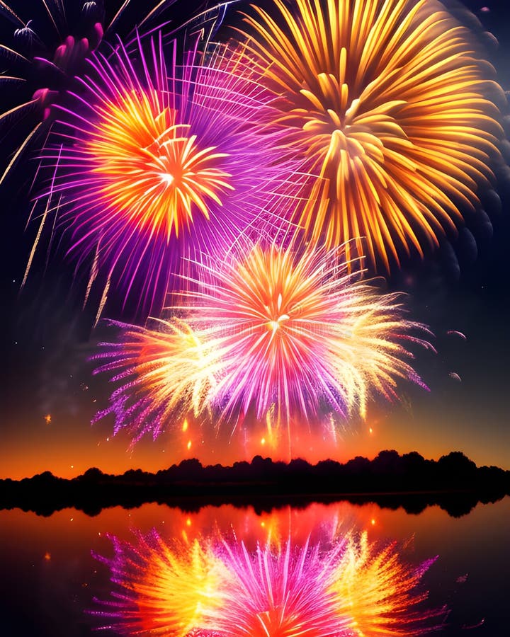 Fireworks over a lake illustration, wonderful colours and reflection