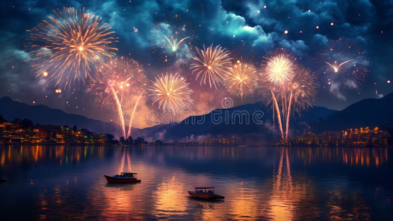 Fireworks over the lake, lights reflected in the water.