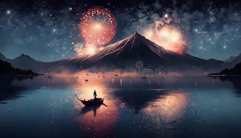 Fireworks over the lake and Mt. Fuji at night, Japan. AI generated. AI generated image. Illustration and Clip Art.