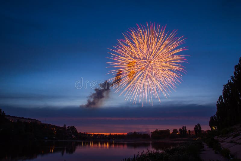 Fireworks Over Lake at Night. stock photos Fireworks Over Lake at Night. stock photos