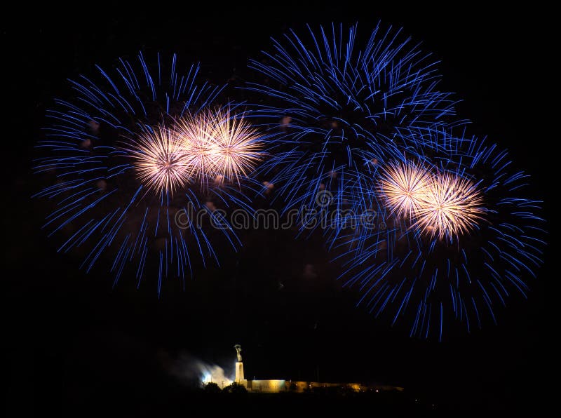 Fireworks over Liberty statue in Budapest, Hungary