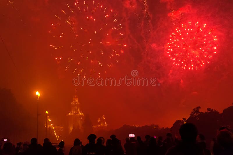 Fireworks Over the Main Building of Moscow State University Stock Image
