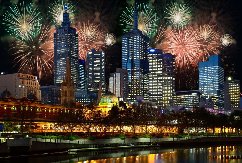 Fireworks over Melbourne city royalty free stock photography