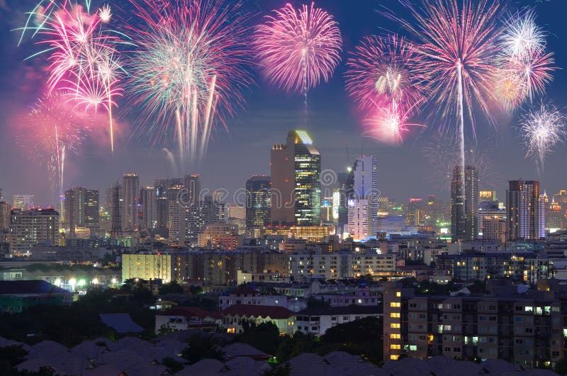 Fireworks Over Night City for Happy New Year Celebration Stock Image ...