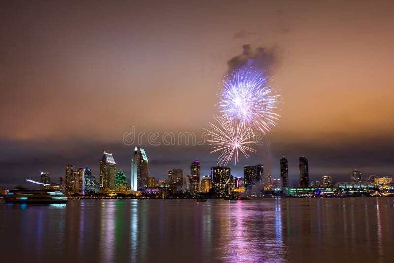 4th of July Fireworks over San Diego skyline. Long exposure night capture.