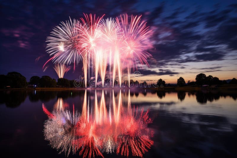 fireworks reflected in a calm lake, created with generative ai AI generated